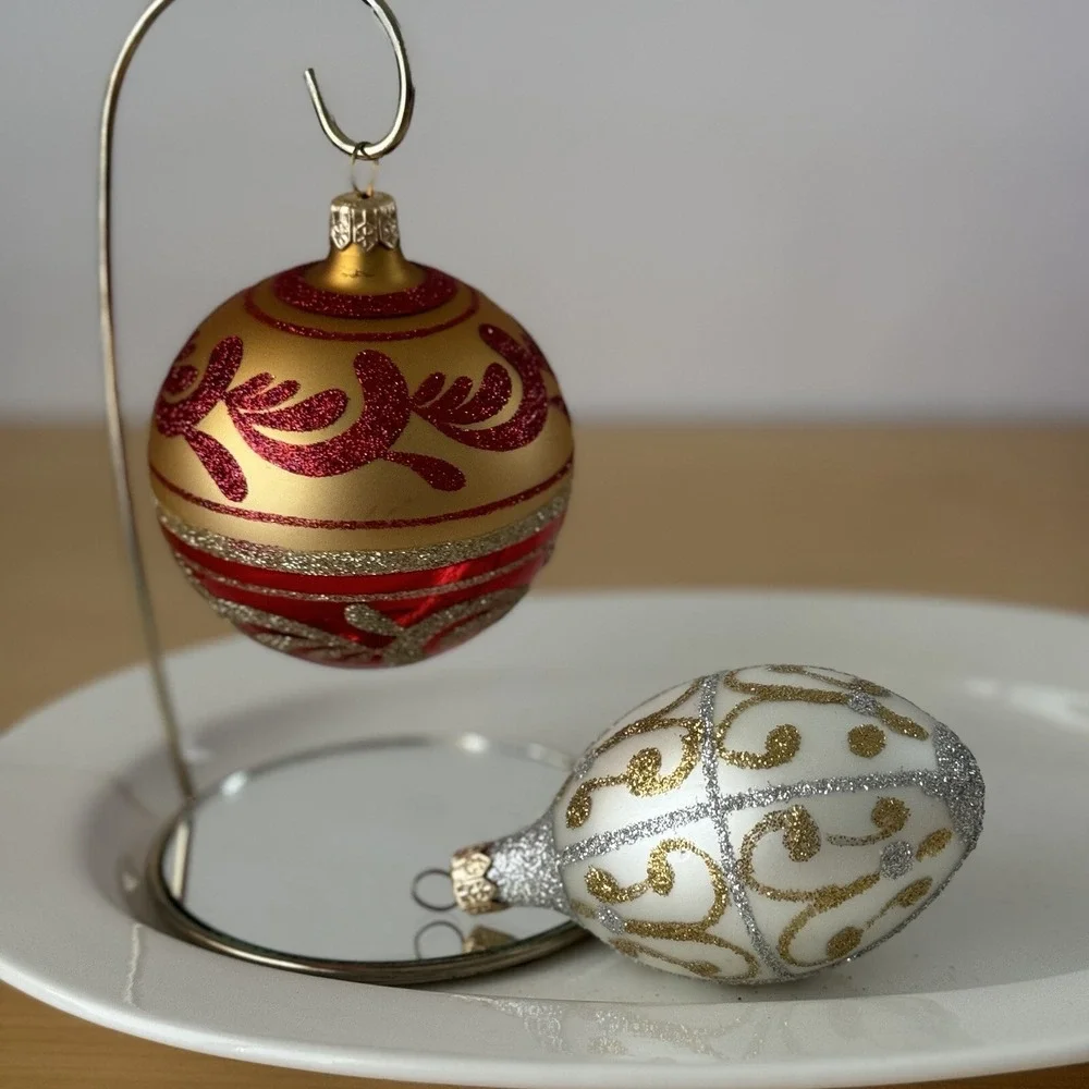 Vintage Glass Christmas Ornament Red Gold Silver Ball Shiny Glitter‎ Lot
